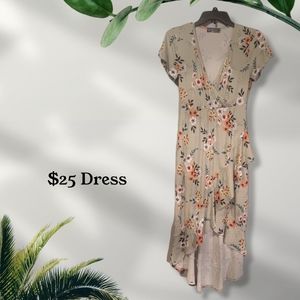 Sage Floral Surplice Tulip Hem Dress